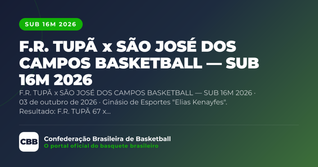 Partida Sub-16M de Baskettball entre F.R. Tupã e São José dos Campos será no Centro Espírita União da Harmonia